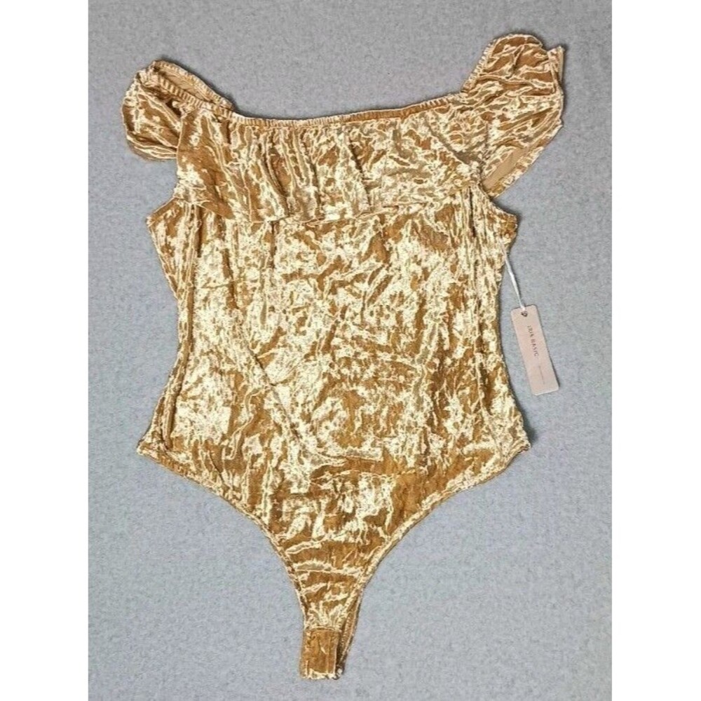 NWT! Iris Basic Crushed Velvet Ruffled Thong Bodysuit 3XL Gold Indie Sleaze Y2K